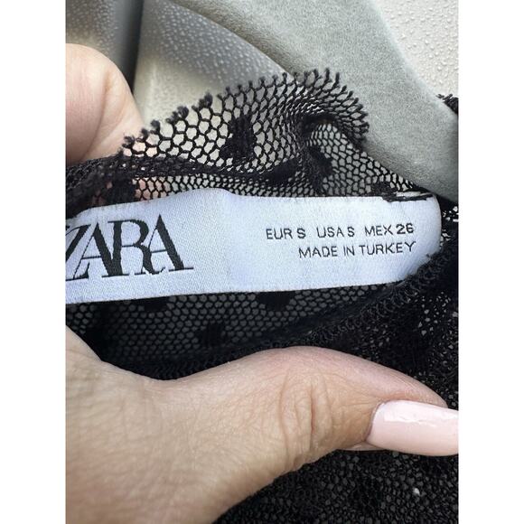 Zara Black Sheer Polka Dot Ruffled Long Sleeve Mock Neck Top Sz S Whimsygoth - Picture 6 of 8